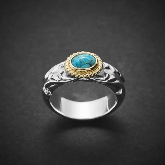 Dear Blossom Turquoise Gold Rope Arabesque Relief Ring