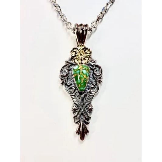 Dear Blossom T-114 Sonoran Turquoise Gold Flower Pendant